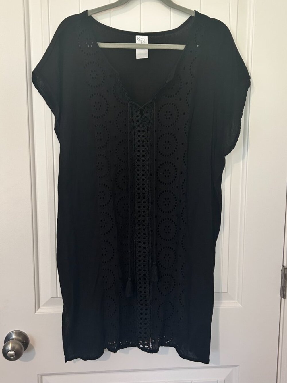 Kona Sol Black Eyelet Lace-Up Swimsuit Cover Up Tunic XL Boho Beach Vacation